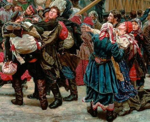 Gemälde, das eine Gruppe von Menschen in traditioneller russischer Kleidung vor einem Publikum tanzen zeigt, wobei einige Gegenstände halten, vor einem Holzhaus als Hintergrund während einer lebhaften Szene aus der russischen Revolution.