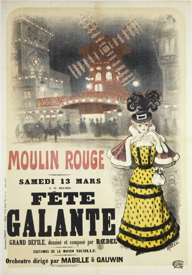 Plakat für ein Moulin Rouge Fête Galante-Event, das eine Frau in einem gelben Kleid vor einem Gebäude mit einer Windmühle zeigt, sowie Text, der das Event beschreibt.