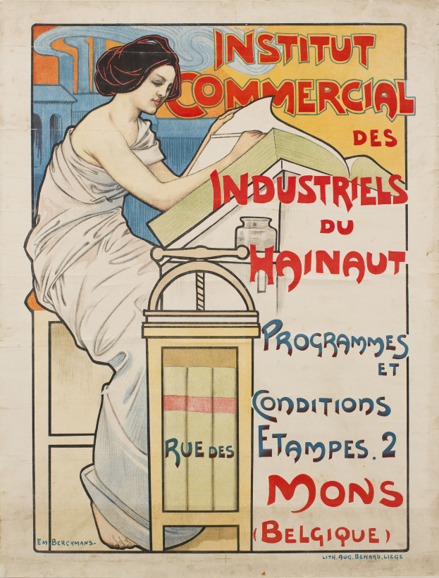Ein Plakat für das Institut Commercial des Industriels du Hainaut, das eine Frau zeigt, die an einem Tisch sitzt und ein Buch hält, mit Text, der Institutsdetails bereitstellt.