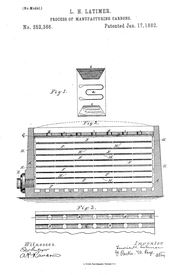 Patentzeichnung einer Maschine mit einer Vorrichtungsdarstellung, betitelt mit "Prozess zur Herstellung von Karbonen" (Patent Nr. 252,386) auf einem weißen Hintergrund.
