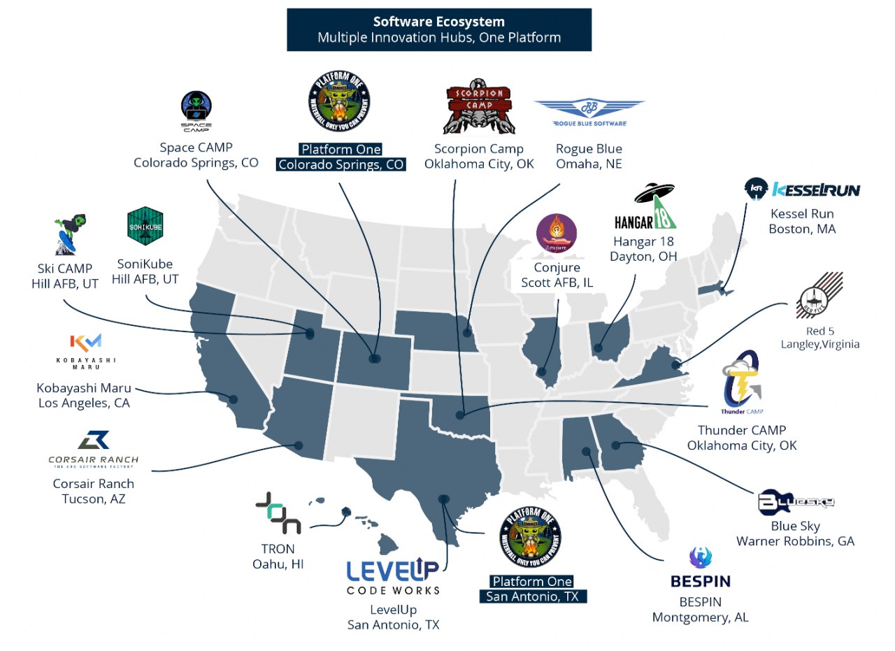 Eine Karte der Vereinigten Staaten, die Unternehmenslogos anstelle der Standorte der Software-Ökologie anzeigt, mit zusätzlichem Text, der Details über die Unternehmen und ihre Standorte bereitstellt.