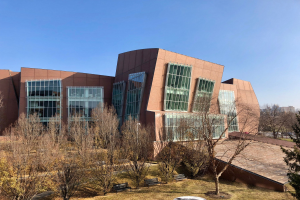 Großes mehrstöckiges Gebäude mit zahlreichen Fenstern, umgeben von Bäumen, Bänken, Gras und einem Laternenmast, mit anderen Gebäuden und einem klaren blauen Himmel im Hintergrund.