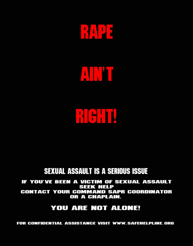 Plakat mit fetter schwarzer Schrift, die 'Rape Ain't Right: Sexual Assault is a Serious Issue' auf einem weißen Hintergrund zeigt, der von einem schwarzen Rand eingerahmt ist.