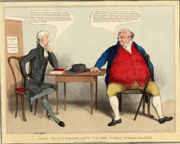 Zwei Personen sitzen sich über einen Tisch mit einem Hut und Papieren gegenüber, während ein Papier an der Wand hinter ihnen in der Nähe einer Tür hängt.