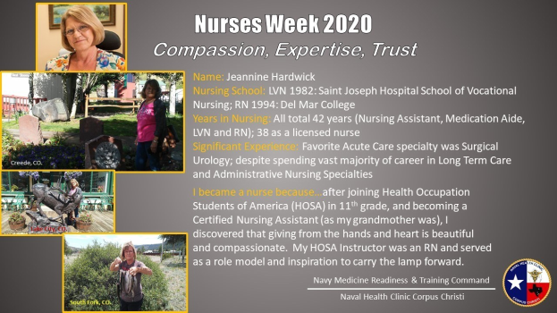 Plakat zur Nurses Week 2020 mit dem Motto "Mitgefühl, Expertise, Vertrauen", das mehrere Bilder von Pflegekräften in verschiedenen Ausdrücken, fetten Text und ein beruhigendes Blau-Weiß-Farbschema zeigt.