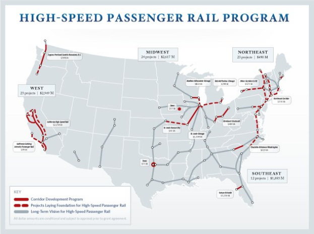 Ein Plakat mit einer detaillierten Karte des U.S.-Hochgeschwindigkeits-Passagierbahnprogramms, einschließlich Routen, Sehenswürdigkeiten und erklärendem Text über die Initiative.