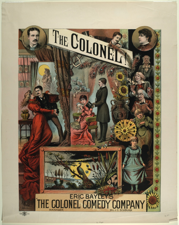 Plakat für "The Colonel Comedy Company" mit einer Gruppe in kolonialer Kleidung vor einem tiefblauen Hintergrund mit Sternen und fetter schwarzer Schrift, die "The Colonel" lautet.