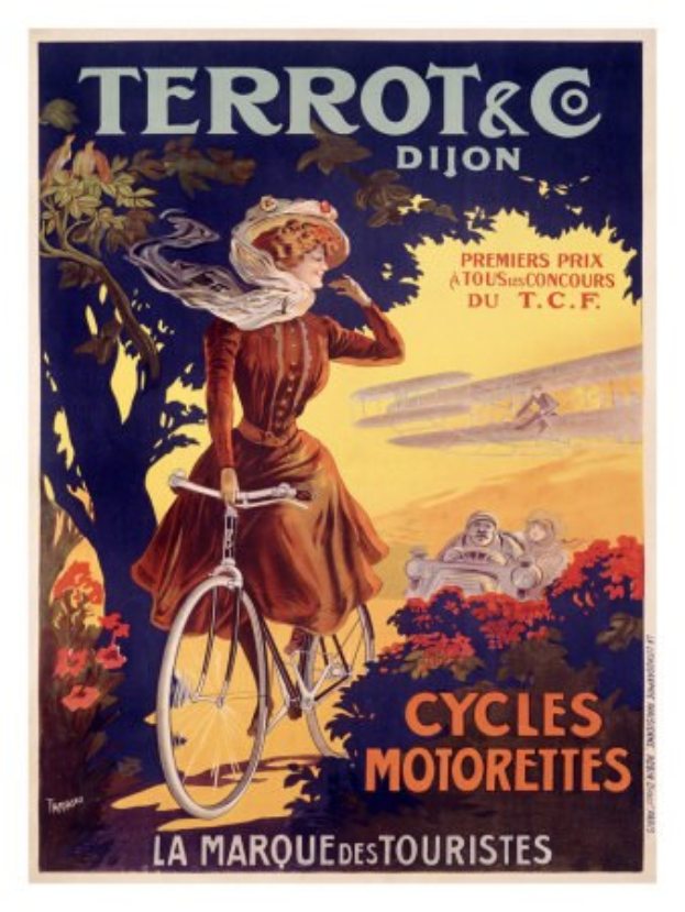 Ein Plakat, das eine Fahrradtour in Frankreich ankündigt, zeigt eine Frau, die ein Fahrrad zwischen Bäumen, Blumen und anderen Menschen fährt, mit Text, der die Tour beschreibt.
