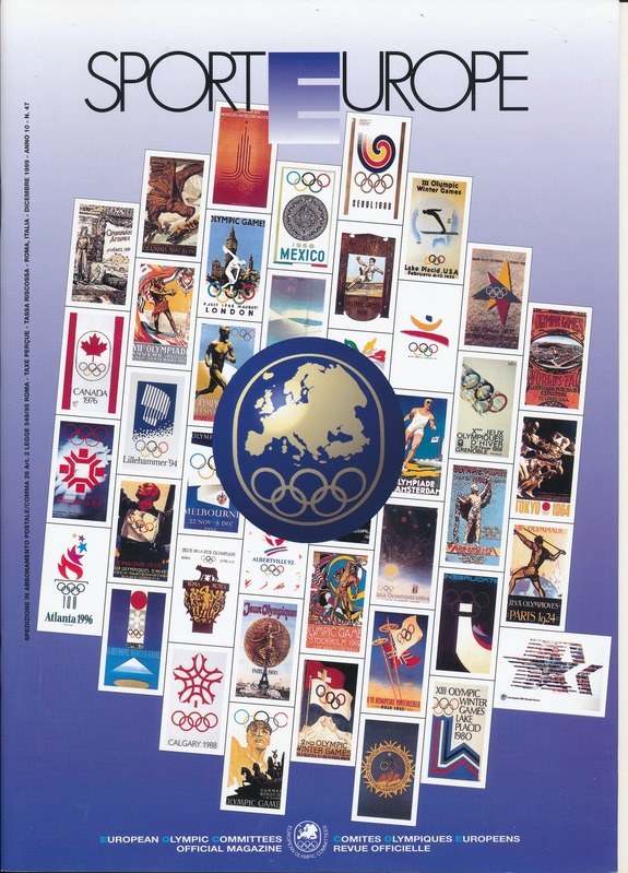 Ein Buchumschlag mit dem Titel "Sport in Europa" mit leuchtenden olympischen Bildern, Symbolen und Texten in detaillierten Designs.