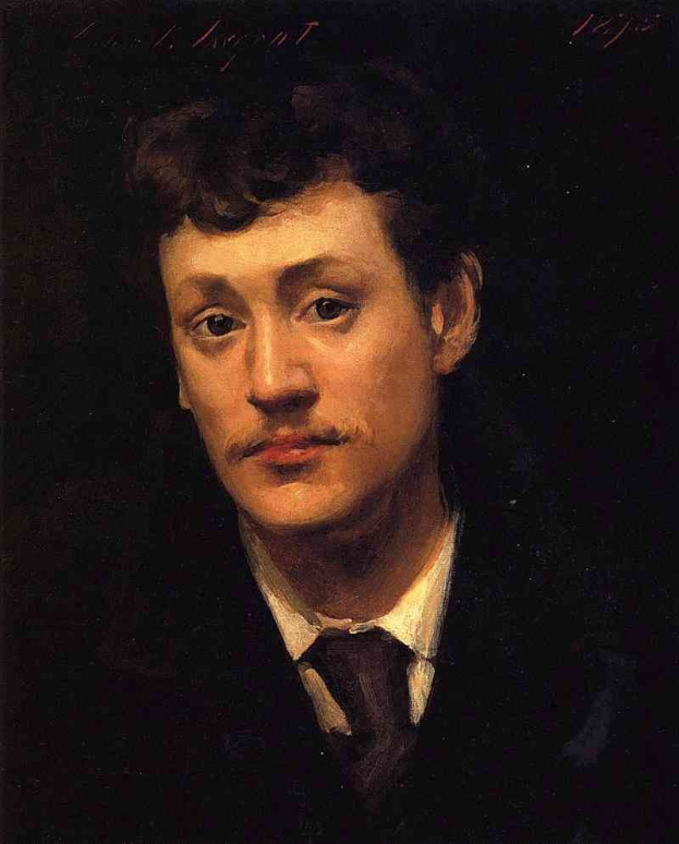 Gemälde eines Mannes in Anzug und Krawatte mit dunklem Hintergrund, Text oben und unten, believed to be the artist's father.