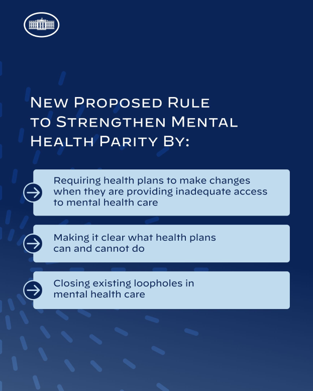 Ein blauer Hintergrund mit weißer Schrift und ein weißes Kreis-Logo mit einer blauen Umrandung, das eine neue vorgeschlagene Regel zur Stärkung der psychischen Gesundheit umrandet.