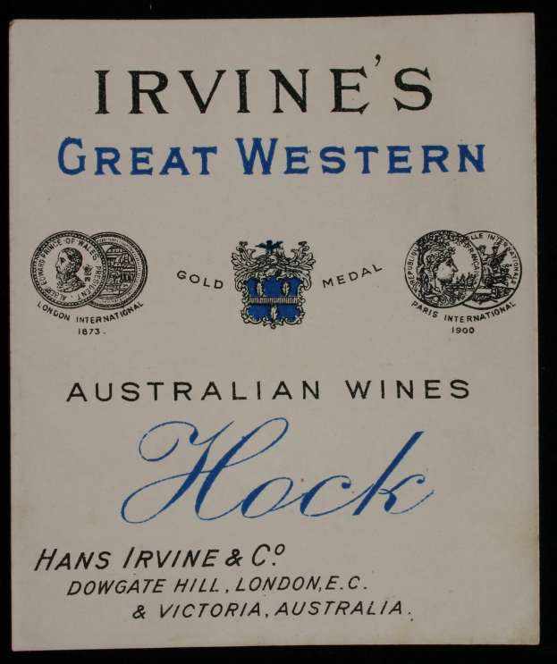 Plakat, das Irvine's Great Western Australian Wines Hock bewirbt, mit Firmenlogos und Text.