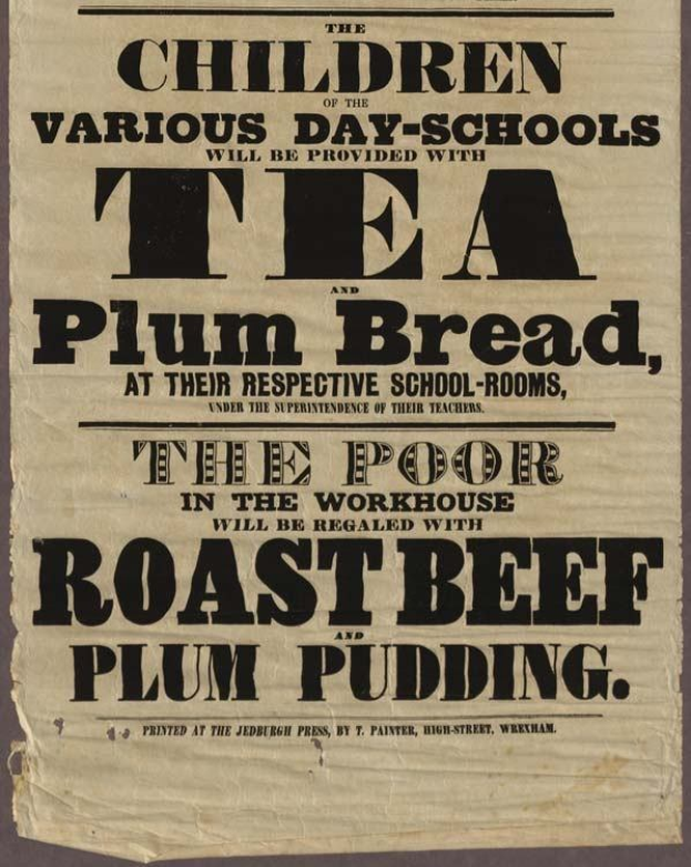 Ein Papier mit dem Text "Die Kinder der verschiedenen Tagesschulen werden mit Tee, Pflaumenbrot und Rindfleisch und Pflaumenpudding versorgt."