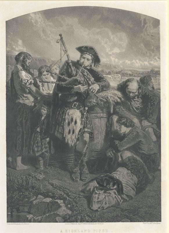 Schwarze und weiße Gravur eines Mannes, der eine Dudelsack vor einer Gruppe von Menschen unter einem bewölkten Himmel spielt, mit dem Text "Ein Highland-Pfeifer" unten.