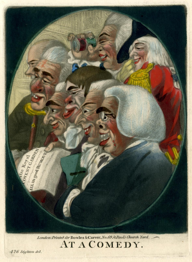 Eine Gruppe lachender Menschen im Kreis, einer hält ein Blatt Papier in der Hand, mit dem Text "Bei einer Comedy" unten.