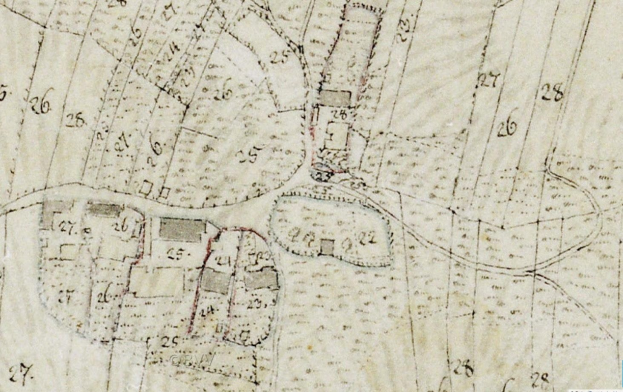 Detailierte alte Stadtkarte mit nummerierten Gebäuden, Straöen und Text, die eine vorgeschlagene Baustelle am unteren Rand angeben.