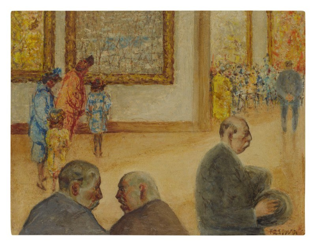 Gemälde 'Die Ausstellung im Museum of Fine Arts' von Édouard Manet zeigt formell gekleidete Menschen in einem Raum voller verschiedener Kunstwerke auf gedämpften, erdigen Wänden.