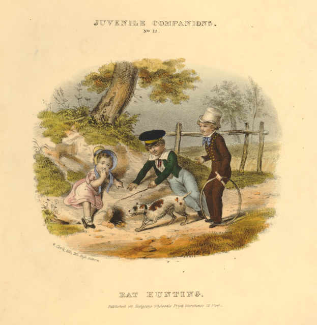 Eine Zeichnung eines Kindes, die drei Kinder beim Spielen mit einem Hund im Park zeigt, umgeben von B├Ąumen, Pflanzen und einem Zaun, mit Text unten.