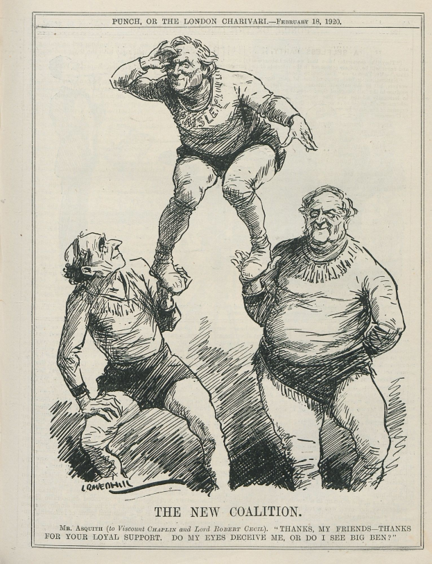 Ein historisches politisches Cartoon mit dem Titel "Die neue Koalition" aus Punch, oder der Londoner Charivari vom Februar 18, 1920, das drei besorgte Figuren zeigt, von denen eine in der Mitte die Arme schmerzhaft ausstreckt.