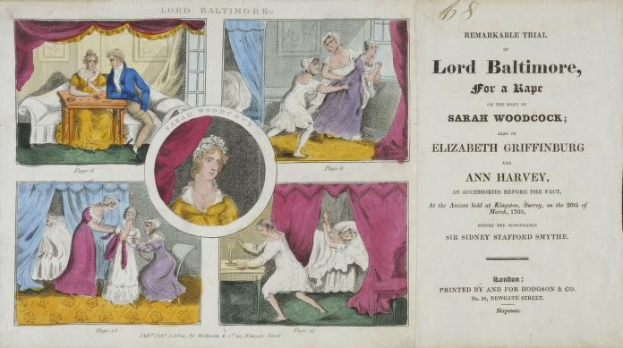 Illustration einer historischen Gerichtsszene, die den Prozess gegen Lord Baltimore wegen angeblicher Vergewaltigung zeigt, mit einem Dokument, das Porträts, Vorhänge und Text enthält.