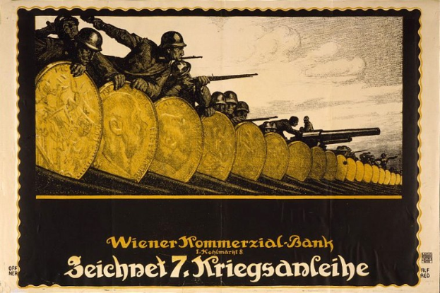 Deutsches Propagandaplakat aus dem Zweiten Weltkrieg, das bewaffnete Soldaten in Helmen mit dem Text "Wiener Kommerzial Bank" am unteren Rand zeigt.