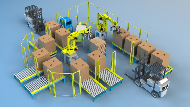 Gruppe automatisierter Roboter, die Kartons auf einem Fließband in einem High-Tech-Lager bewegen