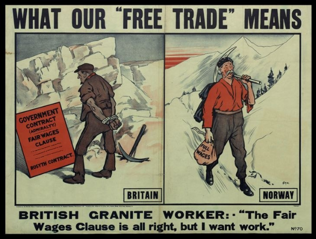 Plakat mit einem britischen Granitarbeiter vor einem Berg- und Baum backdrop, das besagt, dass der Fair Wages Clause akzeptabel ist, aber Arbeit gesucht wird.