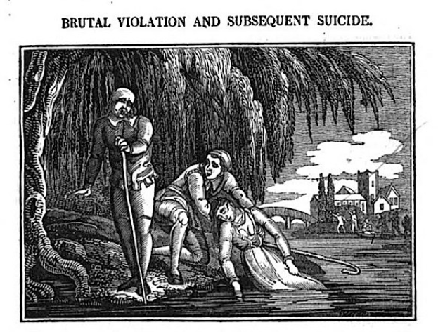 Schwarz-weißes Bild eines Mannes, der über einer Frau steht, die auf dem Boden liegt und einen Stock hält, mit Bäumen, Gebäuden und einem bewölkten Himmel im Hintergrund; Text oben und unten lautet "brutale Gewalt und anschließender Suizid."