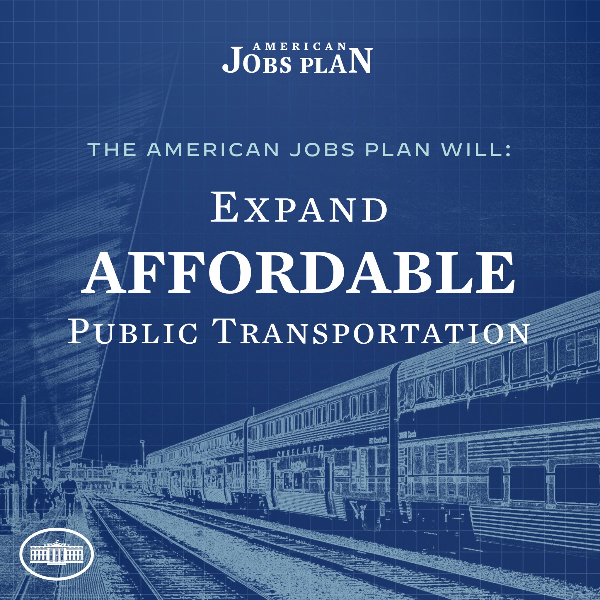 Plakat mit einem Zug auf einer Eisenbahnschiene mit mehreren Menschen in der Nähe, das "The American Jobs Plan Will Expand Affordable Public Transportation" bewirbt.