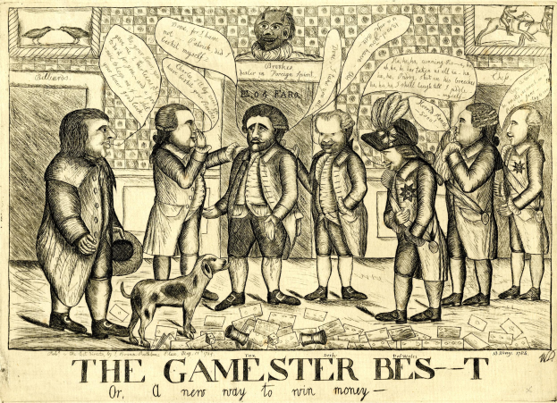 Eine historische Illustration, die Menschen beim Spiel mit einem Hund zeigt, begleitet von dem Text "The Gamester Bes-T or a New Way to Win Money."