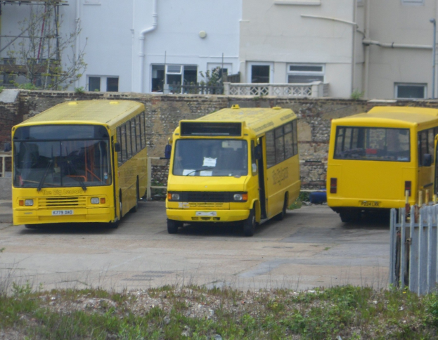 Drei gelbe Busse nebeneinander auf einem eingezäunten Parkplatz mit Gras, Pflanzen, einem Gebäude und anderen Strukturen.