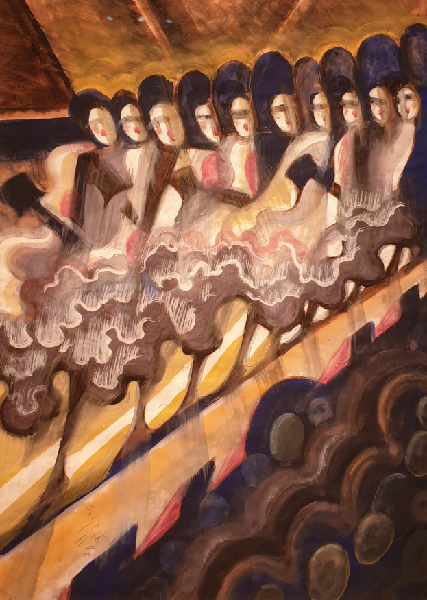 Ein Gemälde einer Gruppe von Frauen, die auf einer Bühne tanzen, tragen farbenfrohe Kleider und haben die Arme erhoben, beleuchtet von Scheinwerfern vor einer Wand im Hintergrund.