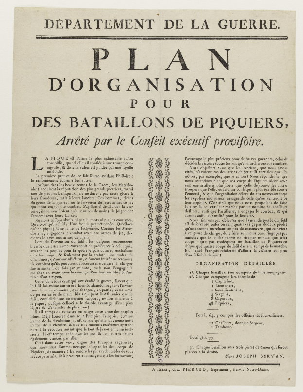 Ein historisches Dokument mit dem Titel "Plan d'Organisation pour des Bataillons de Piquiers, Arrété par le Conseil Executif Provisionnel", das einen Plan für die Schlacht von Piquier enthält.