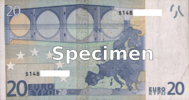 Beispiel 20-Euro-Banknote mit "Beispiel" quer über das Design gedruckt.