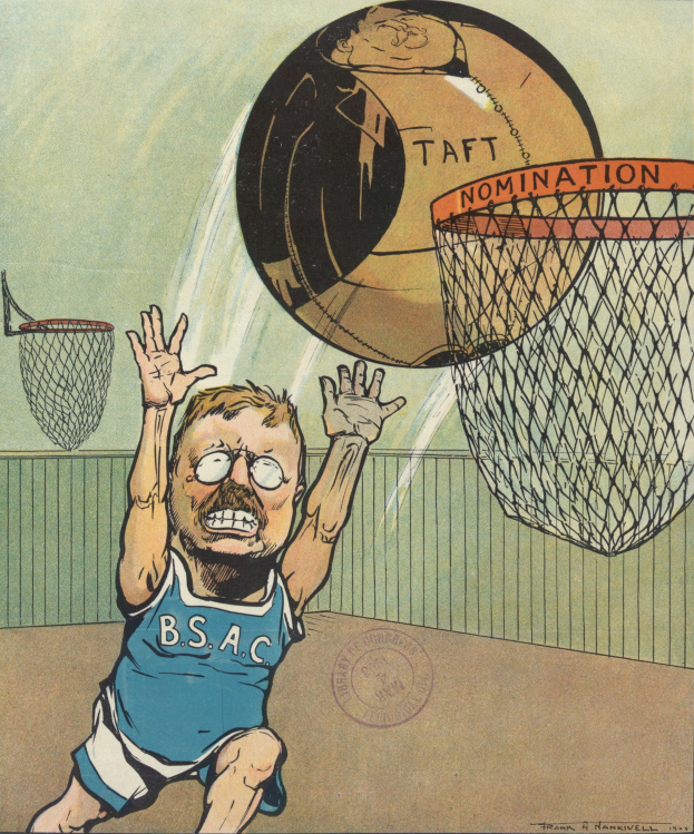 Eine Karikatur eines Mannes in einem Basketballtrikot und Shorts, der einen hellgelben Basketball in ein tiefblaues Netz wirft, gegen einen hellblauen Himmel mit wei\uen Wolken, sein Gesicht zeigt Entschlossenheit.