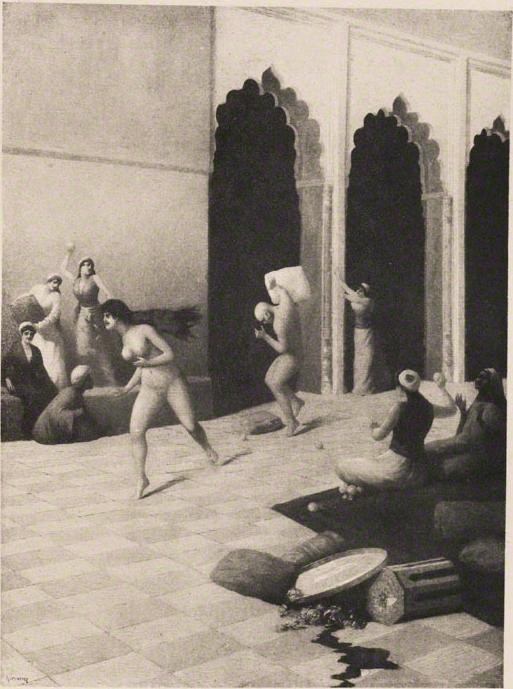 Schwarze und weiße Zeichnung einer Gruppe von Menschen in einem Raum mit einer Wand und Säulen im Hintergrund, betitelt "Der Tanz der Nymphen" von Gustav Klimt.