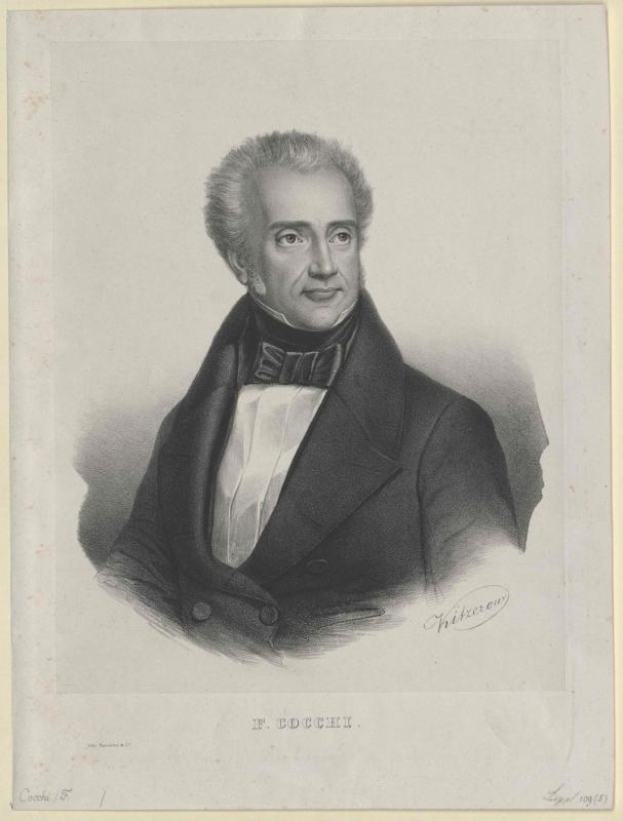 Schwarz-weißes Porträt des Komponisten F. Cocchi in einem Smoking mit ernstem Gesichtsausdruck, beschriftet mit "Die Musik der Oper" unten.