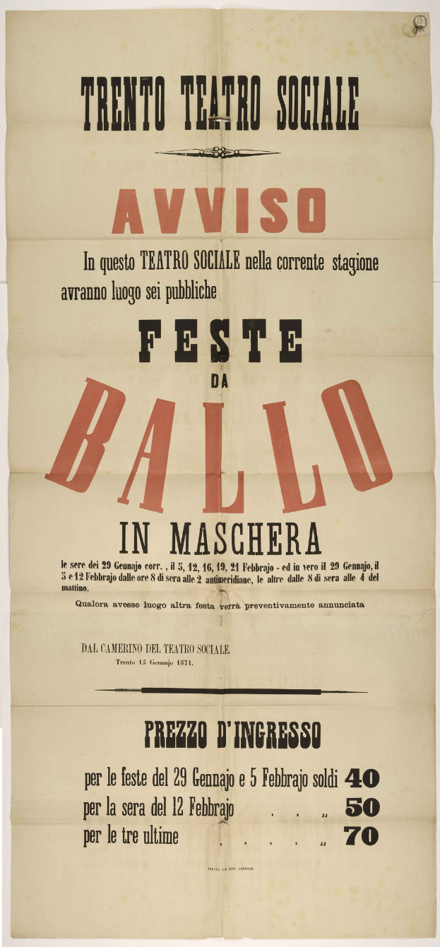 Ein Vintage-Plakat bewirbt ein Festival in Maschera, Italien, mit Textbeschreibung des Ereignisses.