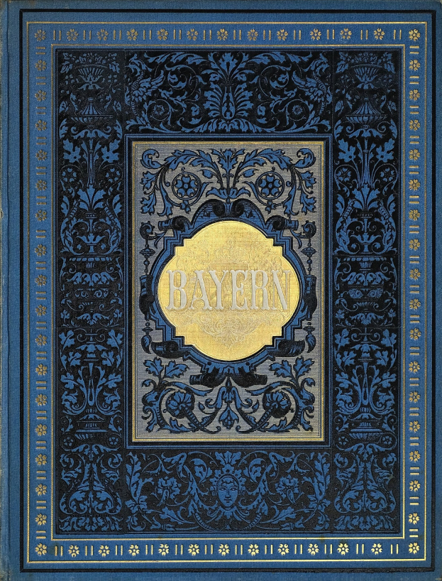 Ein blau-goldenes Buch mit dem Wort 'Bayern' auf dem Cover, das mit detaillierten Verzierungen versehen ist.