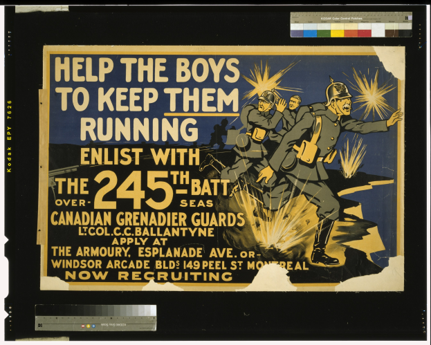 Schwarzes Plakat mit weißer Schrift "Hilf den Jungs, damit sie laufen" mit einer Gruppe von Menschen in Uniformen, die laufen.