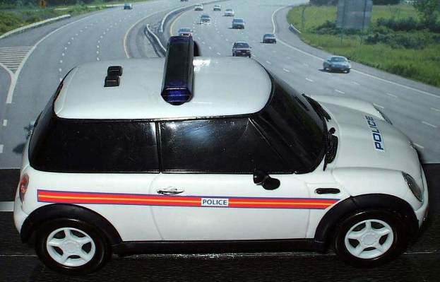 Weißer Polizeiwagen mit "Polizei" Aufschrift gefolgt von mehreren Fahrzeugen auf einer Straße, gesäumt von Gras und Bäumen, außerhalb einer Stadt.