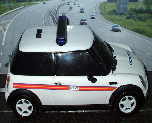 Weißer Polizeiwagen mit "Polizei" Aufschrift gefolgt von mehreren Fahrzeugen auf einer Straße, gesäumt von Gras und Bäumen, außerhalb einer Stadt.