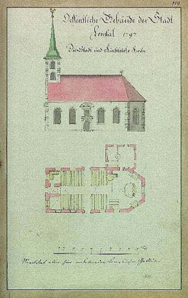 Eine Zeichnung der Kirche St. Nikolai in Dresden, Deutschland, mit einem Turm und einem Glockenturm, samt Begleittext.