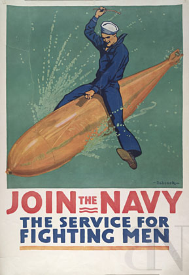 Ein Plakat zeigt eine Person in einer marineblauen Uniform und einem weißen Hut, die mit verschränkten Armen steht, mit fetter schwarzer Schrift, die "Beitreten Sie die Navy - Der Dienst für kämpfende Männer" auf einem tiefen marineblauen Hintergrund liest.