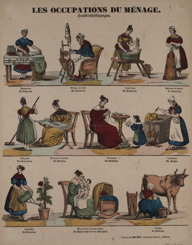 Ein Plakat aus dem 19. Jahrhundert, das genderbasierte Berufe zeigt, mit sitzenden und stehenden Figuren, einer Kuh, einem Topf mit einer Pflanze und textuellen Beschreibungen.