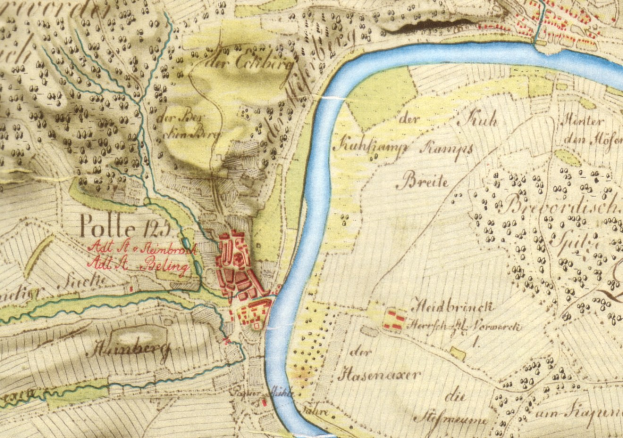 Alte detaillierte Karte von Polle, Deutschland, mit einem Fluss, Straßen und Gebäuden markiert.