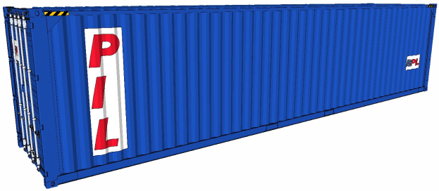 Blauer Seecontainer mit "PL"-Text auf weißem Hintergrund.