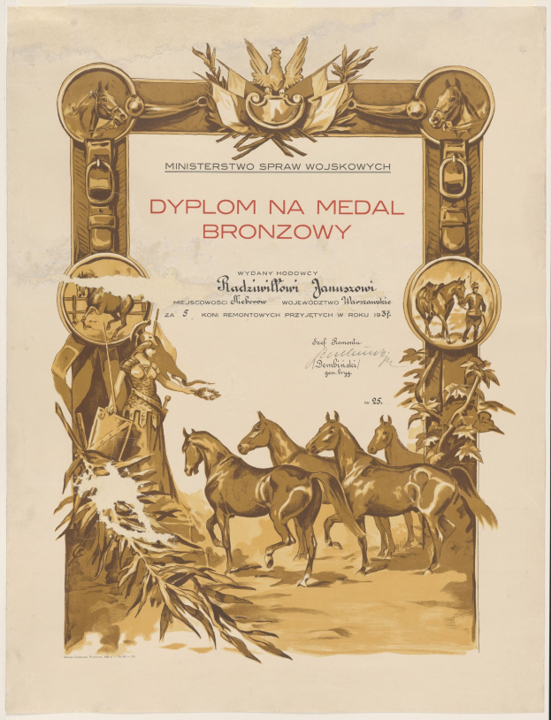 Ein Plakat mit einer Gruppe von Pferden, die in einem Feld unter einer untergehenden Sonne laufen, mit dem Text "Dyplom na Medal Bronzowy", der wahrscheinlich eine Medaillenverleihung ankündigt.
