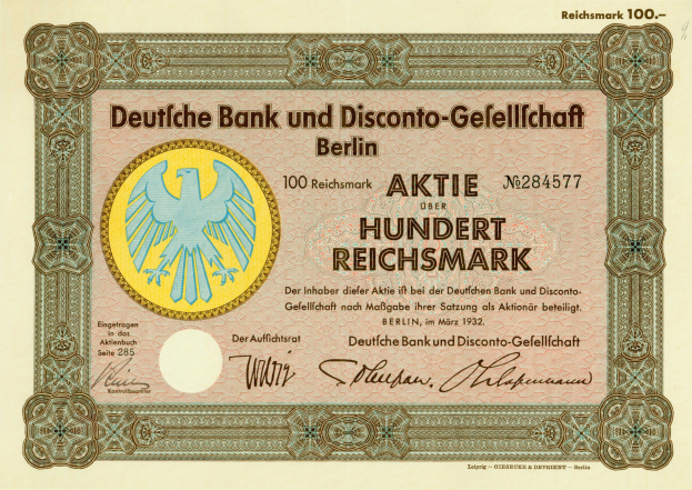 Eine alte deutsche Banknote mit einer Vogeldarstellung und der Aufschrift 'Deutsche Bank und Disconto-Gesellschaf Berlin'.