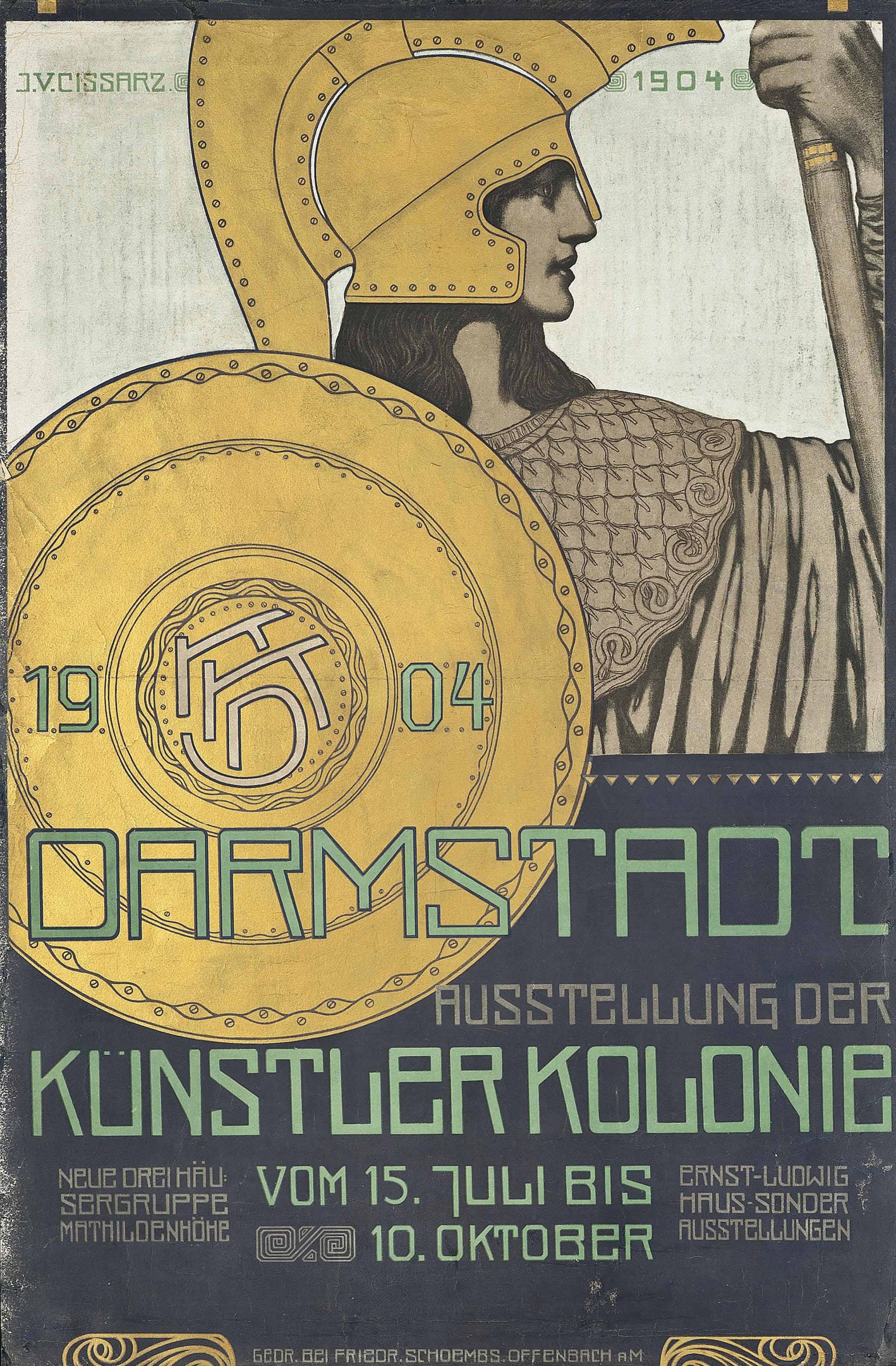 Plakat für ein 1904er Berlin-Konzert mit einem Helmträger, der ein Schild hält, und der Aufschrift «Darmstadt» und «Kuenstler Kolonie»